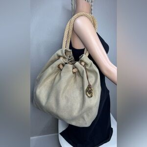 Michael Kors Canvas‎ & Leather Drawstring Bucket Bag Beige/Tan Shoulder Tote